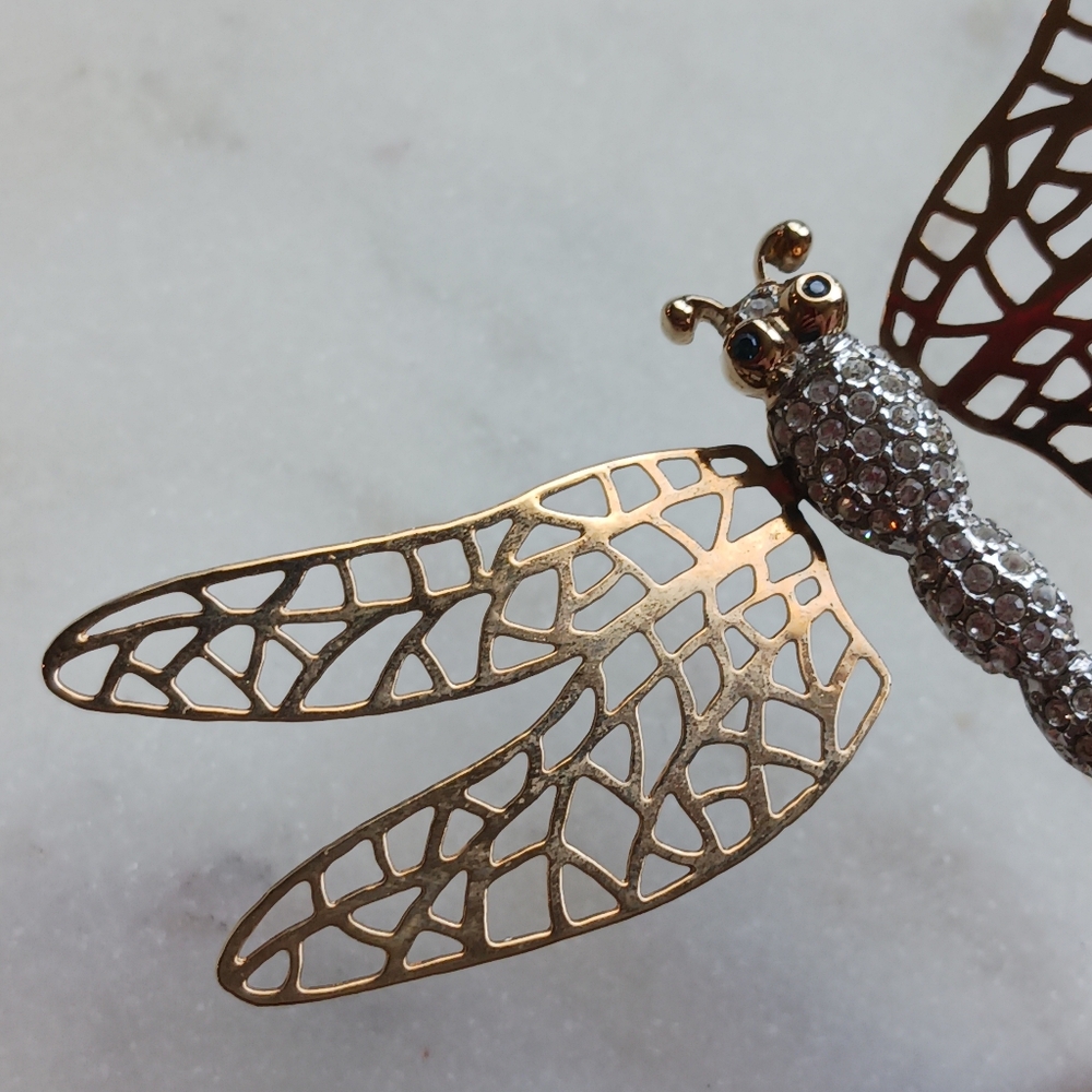 Carolee Vintage Dragonfly Brooch Pave Crystal En Tremblant Articulated Wings - Picture 6 of 10